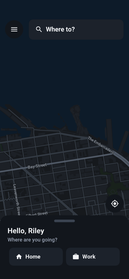 The same rider screen in the dark theme.